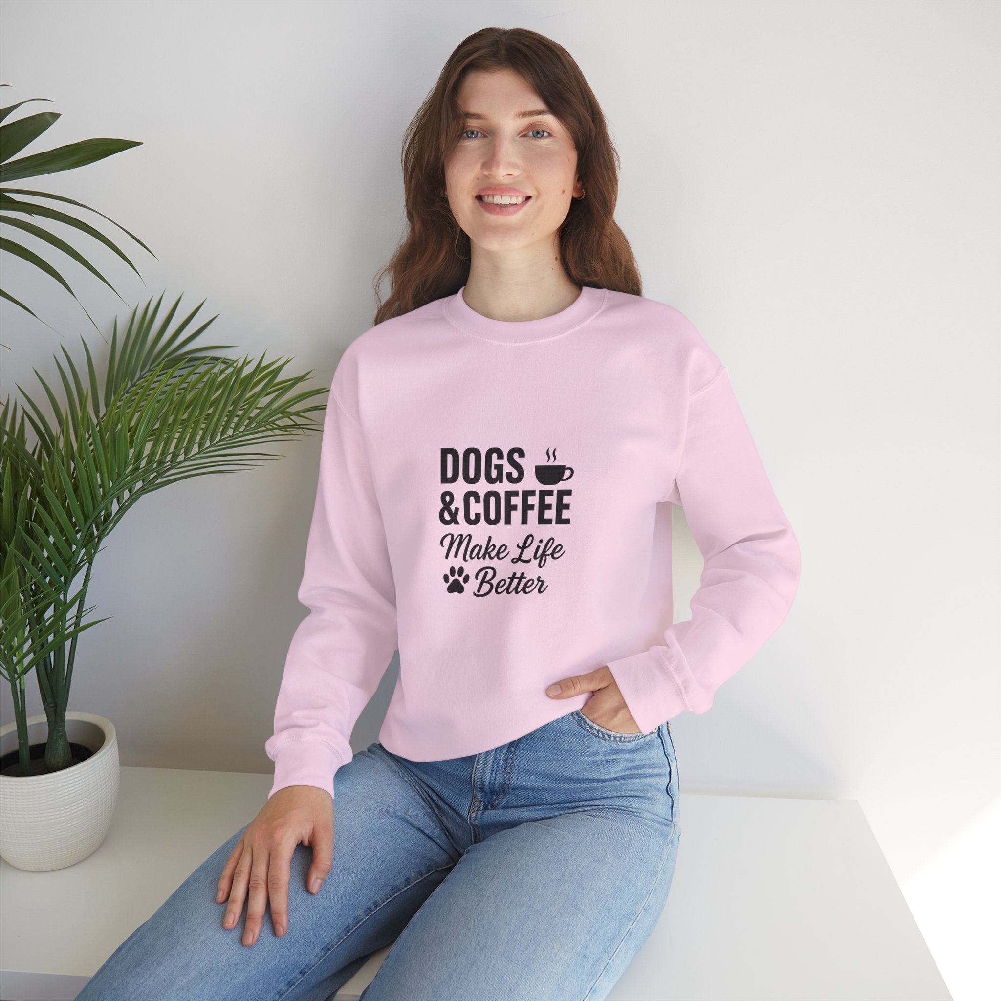 Dogs and Coffee Makes Life Better Sweatshirt – Cozy Crewneck for Dog and Coffee Lovers