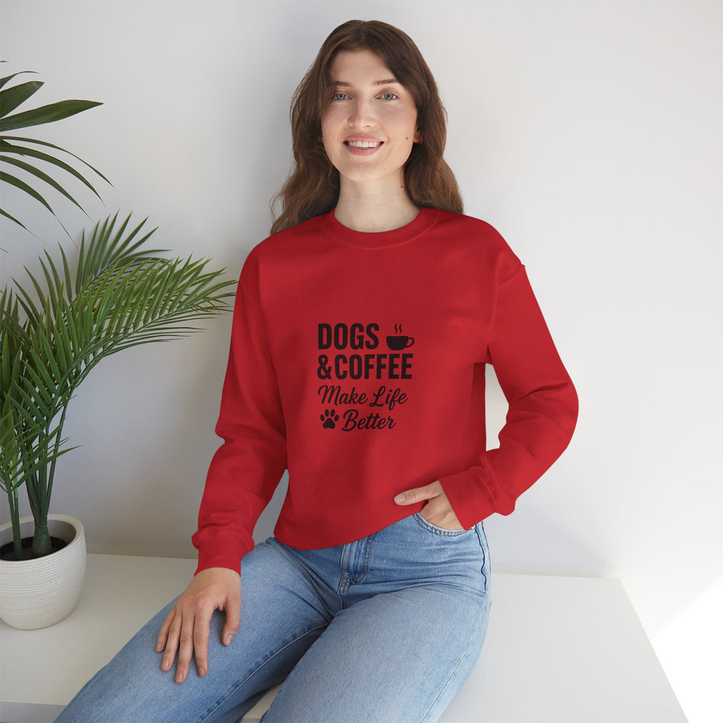 Dogs and Coffee Makes Life Better Sweatshirt – Cozy Crewneck for Dog and Coffee Lovers
