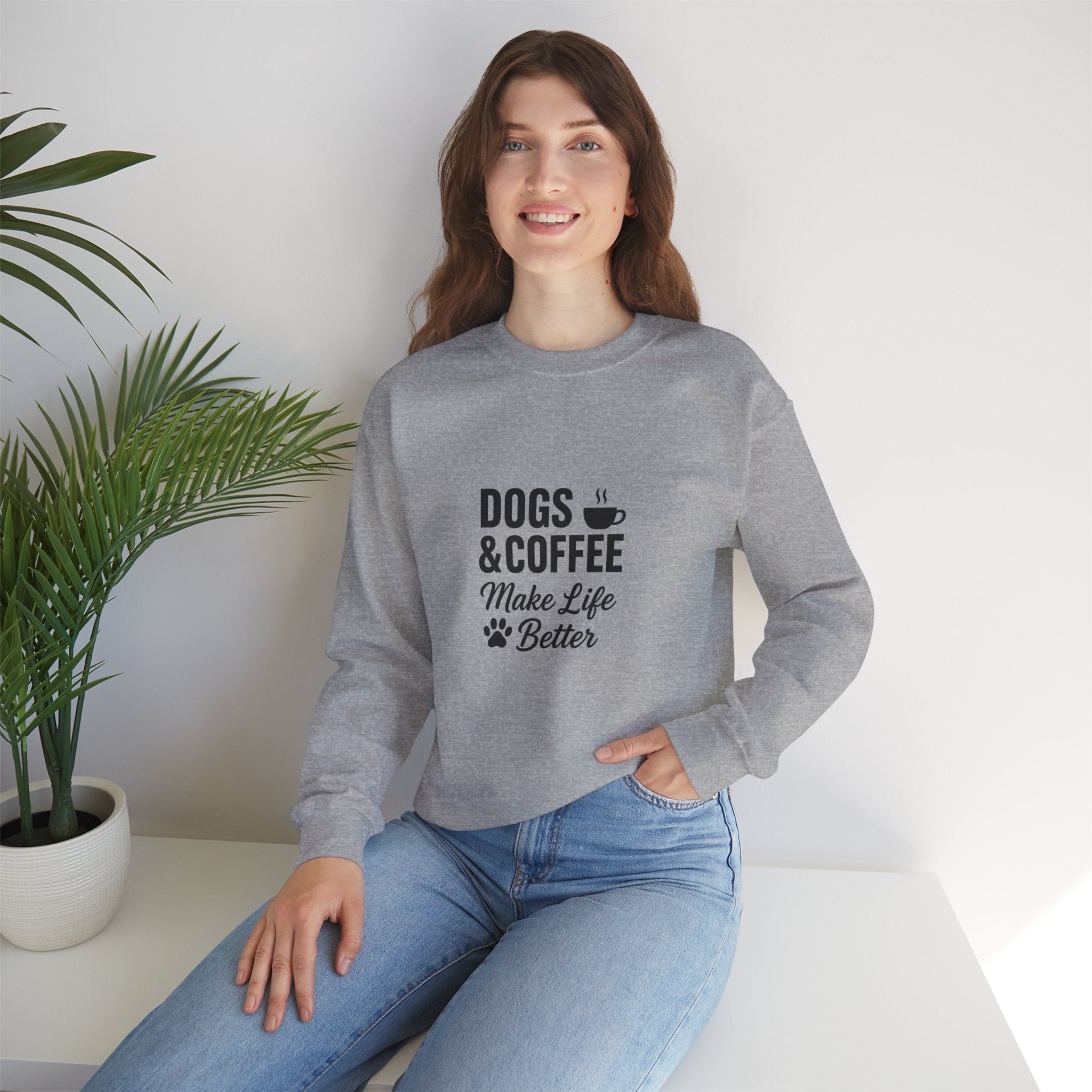 Dogs and Coffee Makes Life Better Sweatshirt – Cozy Crewneck for Dog and Coffee Lovers
