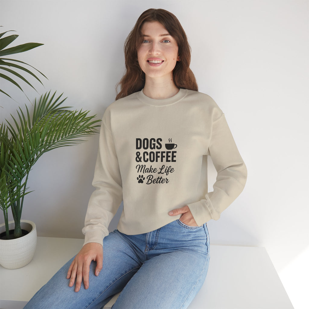 Dogs and Coffee Makes Life Better Sweatshirt – Cozy Crewneck for Dog and Coffee Lovers