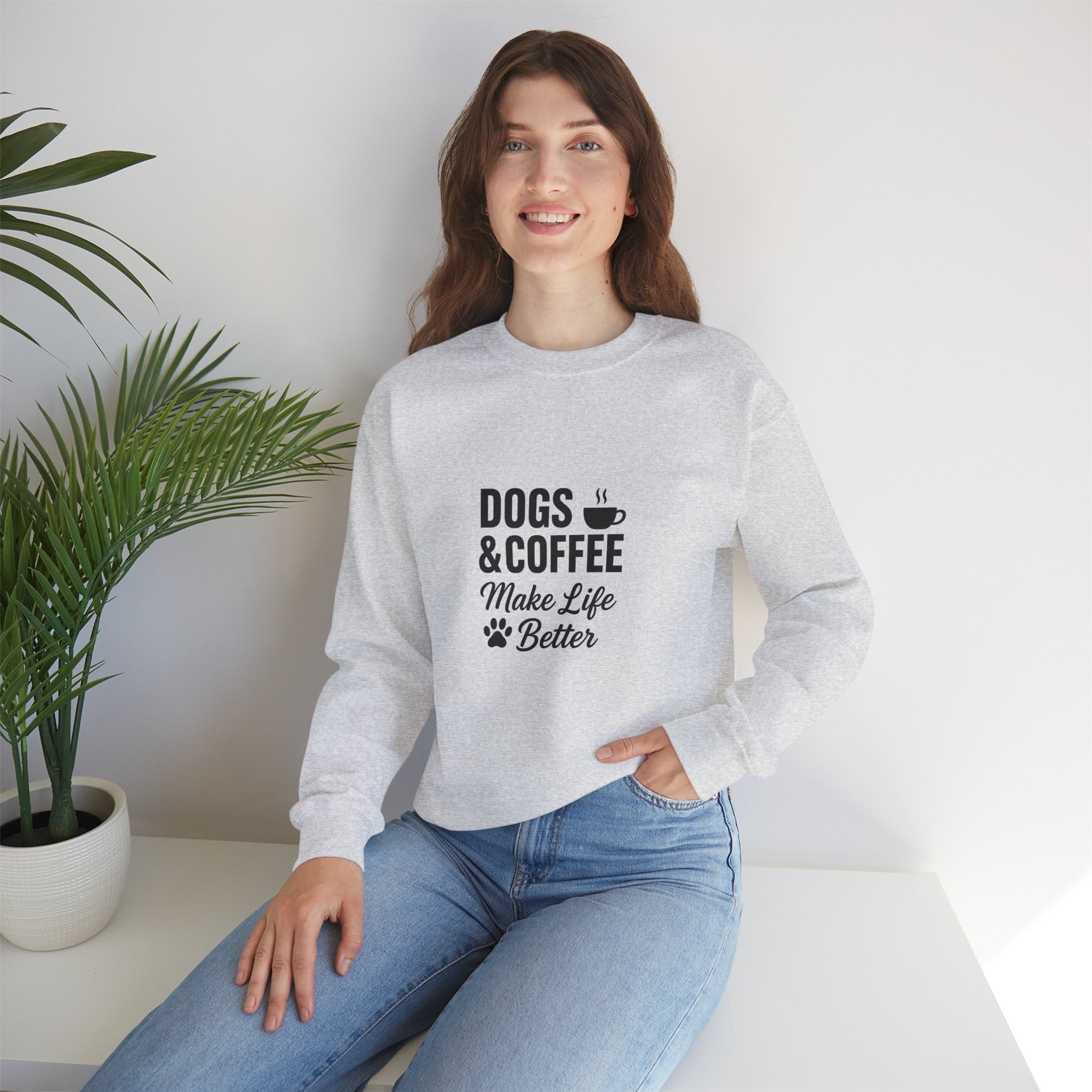 Dogs and Coffee Makes Life Better Sweatshirt – Cozy Crewneck for Dog and Coffee Lovers