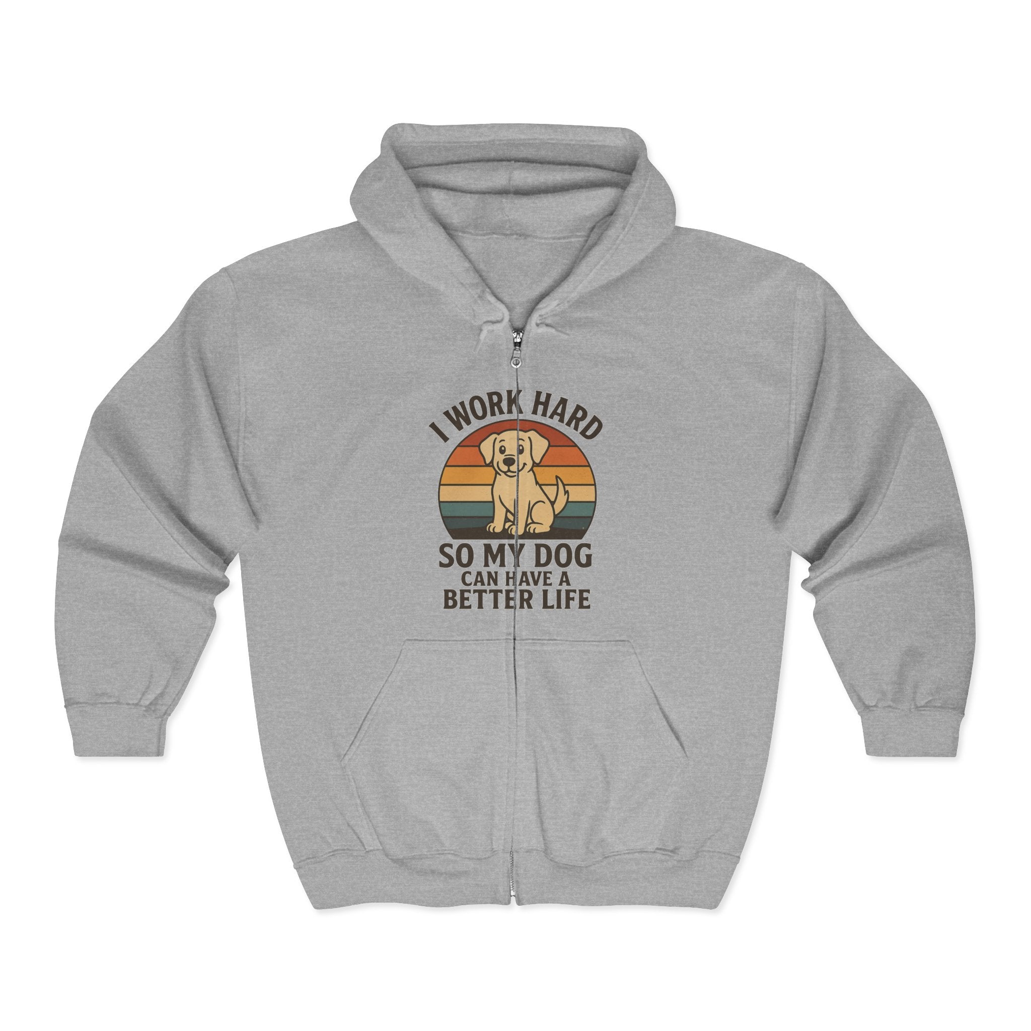 Cozy Zip-Up Dog Lover Hoodie – Retro Sunburst Design, Soft Midweight Fabric, Perfect for Dog Walks & Coffee Lovers