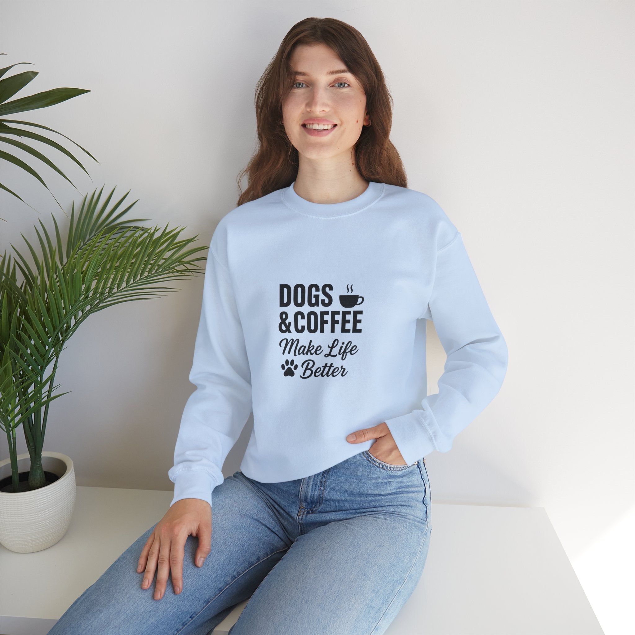 Dogs and Coffee Makes Life Better Sweatshirt – Cozy Crewneck for Dog and Coffee Lovers